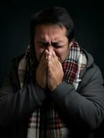 messicano uomo è mostrato sofferenza a partire dal freddo con che cola naso su grigio sfondo ai generativo foto