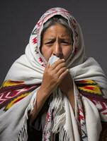 messicano donna è mostrato sofferenza a partire dal freddo con che cola naso su grigio sfondo ai generativo foto