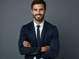 sorridente giovane uomo di messicano discesa vestito nel un completo da uomo ai generativo foto