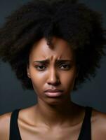 africano donna è triste su un' minimalista neutro sfondo ai generativo foto