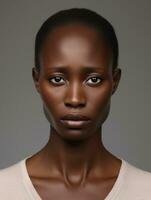 africano donna è triste su un' minimalista neutro sfondo ai generativo foto