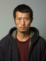 asiatico uomo è triste su un' minimalista neutro sfondo ai generativo foto