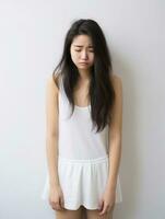 asiatico donna è triste su un' minimalista neutro sfondo ai generativo foto
