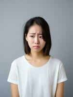 asiatico donna è triste su un' minimalista neutro sfondo ai generativo foto