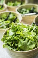 ciotole di foglie di lattuga verde biologica fresca in espositore per insalate