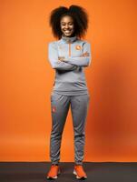 giovane africano donna vestito nel abbigliamento sportivo chiaramente attivo e pieno di energia ai generativo foto