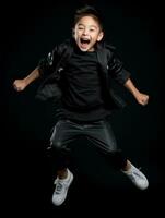 giovane asiatico ragazzo vestito nel abbigliamento sportivo chiaramente attivo e pieno di energia ai generativo foto