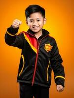giovane asiatico ragazzo vestito nel abbigliamento sportivo chiaramente attivo e pieno di energia ai generativo foto