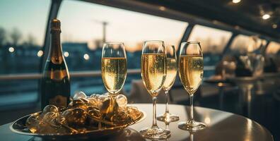 lusso sera festa su un' crociera yacht con un' Champagne ambientazione. Champagne bicchieri e bottiglie con Champagne con bokeh yacht nel il sfondo, nessuno. ai generativo foto