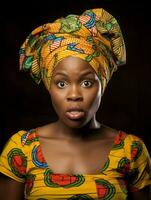 giovane donna con africano Caratteristiche chi appare per essere scioccato ai generativo foto
