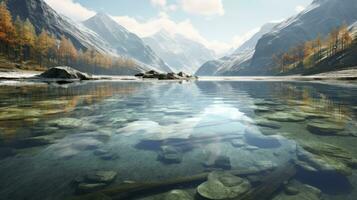 della natura bella scena Spettacoli nel calma montagna acqua fatto. generato di ai foto