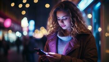 giovane donne nel il città leggero su il notte con loro smartphone, collegamento con amici e famiglia, soggiorno informato, e esplorando il mondo in giro loro. generativo ai. foto