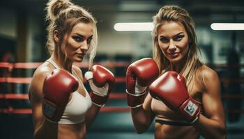 forte donne treno a il palestra, edificio loro forza e fitness nel preparazione per boxe gare. generativo ai foto