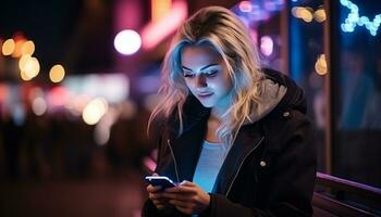 giovane donne nel il città leggero su il notte con loro smartphone, collegamento con amici e famiglia, soggiorno informato, e esplorando il mondo in giro loro. generativo ai. foto