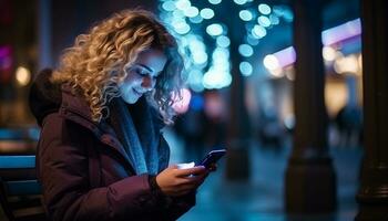 giovane donne nel il città leggero su il notte con loro smartphone, collegamento con amici e famiglia, soggiorno informato, e esplorando il mondo in giro loro. generativo ai. foto