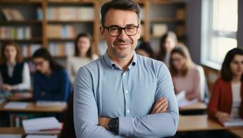 un' giovane maschio insegnante con un' luminosa Sorridi sta a il davanti di il suo aula, circondato di contento studenti chi siamo desideroso per imparare. generativo ai foto