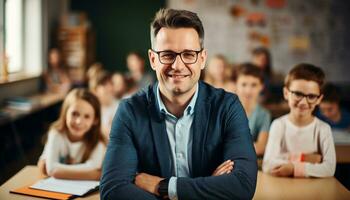 un' giovane maschio insegnante con un' luminosa Sorridi sta a il davanti di il suo aula, circondato di contento studenti chi siamo desideroso per imparare. generativo ai foto