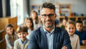 un' giovane maschio insegnante con un' luminosa Sorridi sta a il davanti di il suo aula, circondato di contento studenti chi siamo desideroso per imparare. generativo ai foto