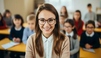 un' giovane donna insegnante con un' luminosa Sorridi sta a il davanti di il suo aula, circondato di contento studenti chi siamo desideroso per imparare. generativo ai foto