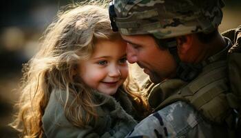il affettuoso riunione di un' militare padre con il suo giovane figlia pieno loro famiglia con gioia come essi è venuto insieme, il legame fra genitore e bambino più forte di mai. generativo ai foto