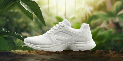 bianca vuoto gli sport scarpe modello con naturale tema sfondo. ai generativo foto