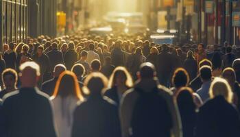 folla di persone a piedi occupato città strada retroilluminato. generativo ai foto