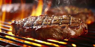 Manzo ribeye bistecca grigliate su un' fiammeggiante griglia. generativo ai foto