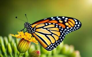 un' travolgente 3d rendere in mostra il delicato bellezza e grazia di il monarca farfalla in mezzo un' onirico floreale oasi. ai generato foto