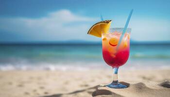 cocktail bicchiere su il sabbioso spiaggia vicino il mare nel estate volta. generativo ai foto