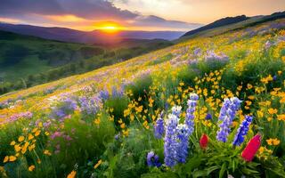 esplosione di della natura tavolozza, un' travolgente vetrina di vivace fiori selvatici nel pieno fioritura, pittura il paesaggio con della natura brillantezza. ai generato foto