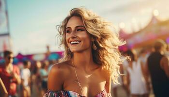 un' signora ride con gioia e felicità come lei rilassa su il spiaggia a un' estate festa, circondato di amici e famiglia, con il mare brezza nel sua capelli e il sole su sua viso. generativo ai foto