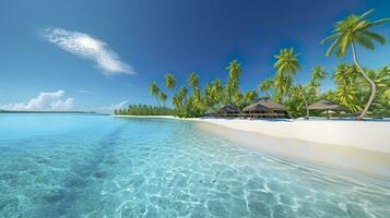 tropicale Paradiso spiaggia con bianca sabbia e cristallo chiaro blu acqua. bellissimo naturale estate vacanza vacanze sfondo. viaggio turismo largo panorama sfondo concetto. ai generativo foto