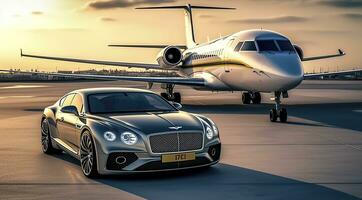 super auto e privato Jet su atterraggio striscia. attività commerciale classe servizio a il aeroporto. attività commerciale classe trasferimento. aeroporto navetta, ai generativo foto