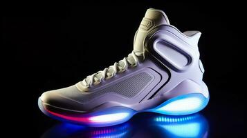 futuristico moda originale scarpe da ginnastica. futuro design di elegante gli sport scarpe con neon incandescenza, futuristico urbano estetica. abbigliamento sportivo, stile e moda, Domani calzature. ai generativo foto