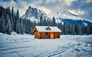 incantevole inverno ritiro, un' tranquillo di legno cabina annidato nel un' nevoso foresta Paese delle meraviglie. ai generato foto