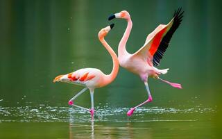 poetico eleganza, un' balletto di fenicotteri grazioso posa nel Perfetto armonia con della natura ritmo. ai generato foto