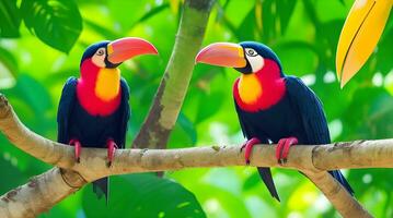 Due colorato tucani arroccato in mezzo il lussureggiante bellezza di il tropicale giungla - un' fotografico capolavoro. ai generato foto