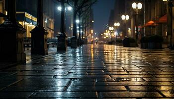marciapiede a notte dopo pioggia con bagnato strade ai generativo foto