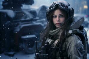 un' femmina soldato è su dovere nel un' nevoso posto ai generativo foto