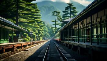 un' silenzioso treno stazione con un' fondale di montagne e pino alberi ai generativo foto