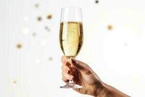leggero festivo bicchiere di Champagne su bokeh sfondo. ai generato foto
