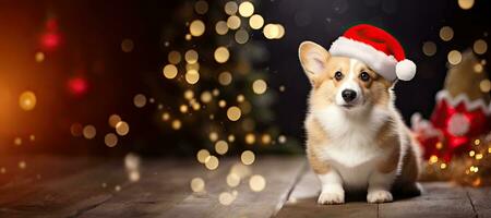 Natale bandiera di corgi cane indossare Santa cappello su bokeh sfondo. generativo ai foto