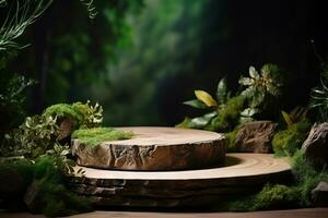 prodotti Schermo podio con natura le foglie sfondo. generativo ai foto