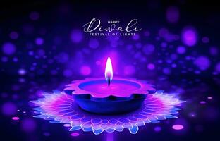 contento diwali, viola candela illuminante il Festival di luci contro un' bokeh sfondo foto