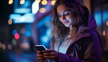 giovane donne nel il città leggero su il notte con loro smartphone, collegamento con amici e famiglia, soggiorno informato, e esplorando il mondo in giro loro. generativo ai. foto