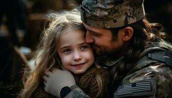 il affettuoso riunione di un' militare padre con il suo giovane figlia pieno loro famiglia con gioia come essi è venuto insieme, il legame fra genitore e bambino più forte di mai. generativo ai foto