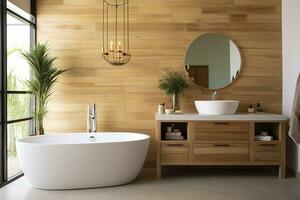 interno di elegante bagno con di legno mobiletto, lavello, vasca da bagno, e specchio. ai generato foto