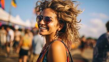 un' signora ride con gioia e felicità come lei rilassa su il spiaggia a un' estate festa, circondato di amici e famiglia, con il mare brezza nel sua capelli e il sole su sua viso. generativo ai foto