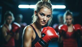 forte donne treno a il palestra, edificio loro forza e fitness nel preparazione per boxe gare. generativo ai foto