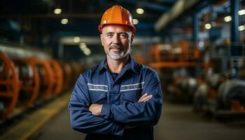 un' maschio industriale ingegnere indossare un' sicurezza casco e altro protettivo attrezzatura lavori accuratamente nel un' produzione fabbrica, garantendo il sicurezza e efficienza di operazioni. generativo ai. foto